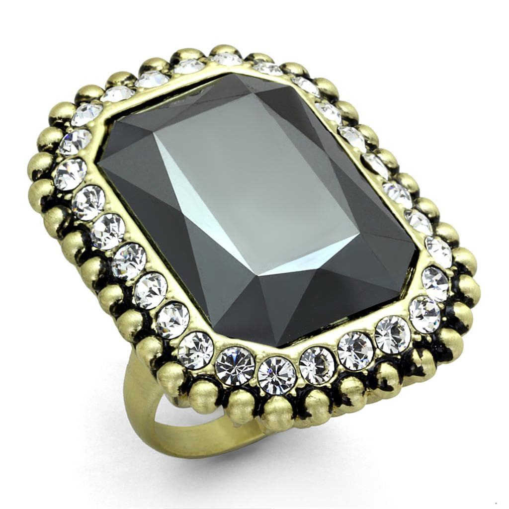 Brass Gold Black Emerald Cut Beaded Frame Cocktail Ring