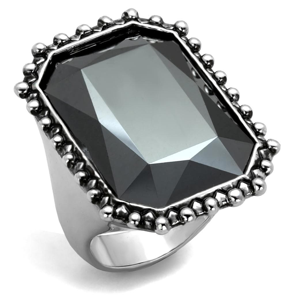 Brass Silver Black Emerald Cut Beaded Frame Cocktail Ring