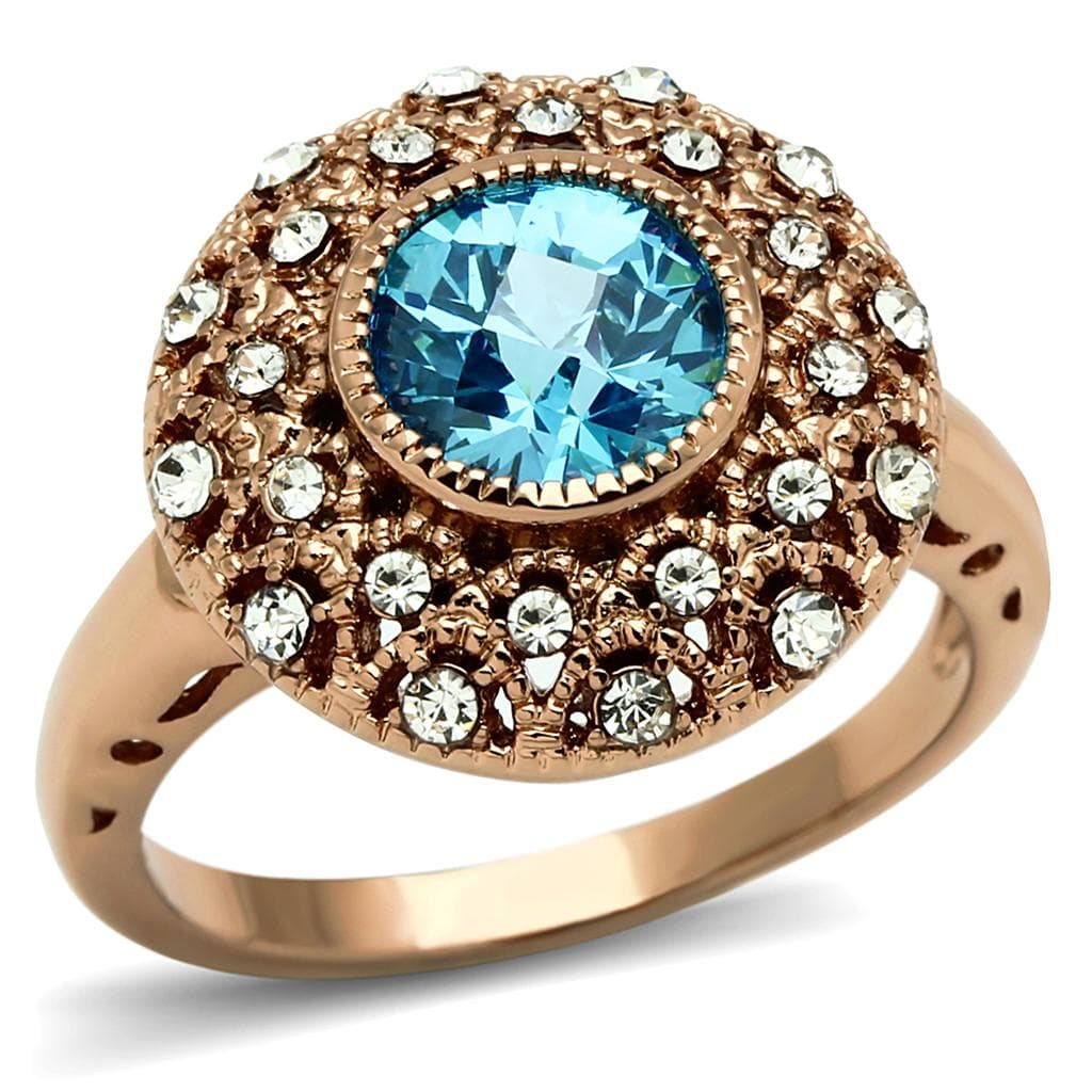 Brass Rose Gold Aqua Blue CZ Vintage Filigree Dome Cocktail Ring