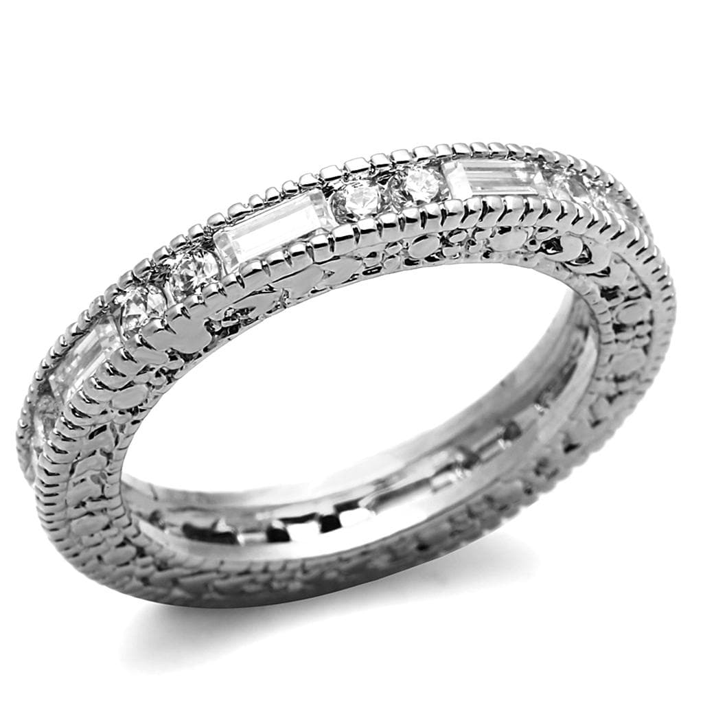 Brass Silver CZ Baguette Round Milgrain Eternity Band Ring