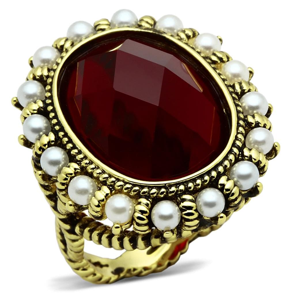Brass Antique Gold Red Oval Pearl Halo Vintage Cocktail Ring