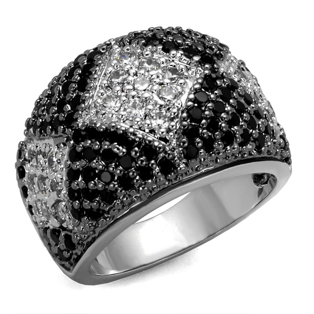 Brass Black White CZ Pave Star Pattern Dome Cocktail Ring