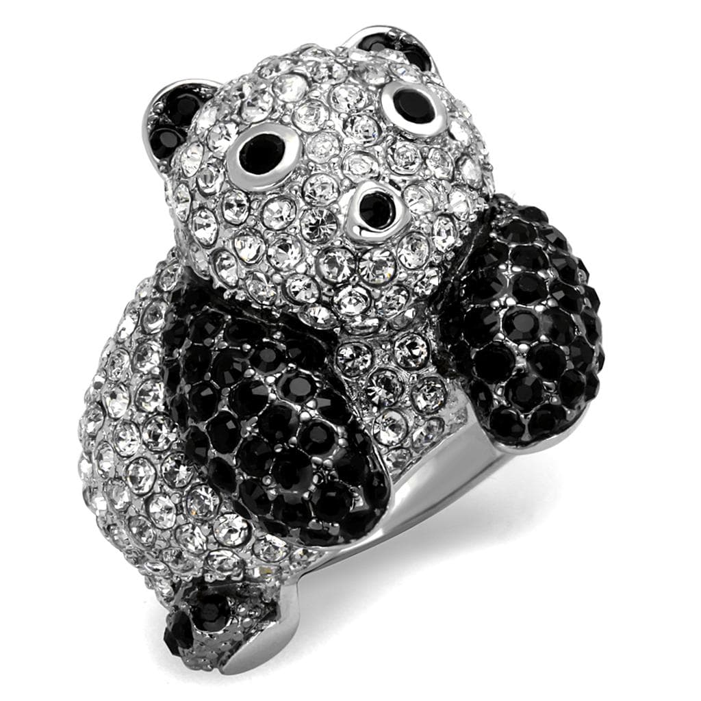 Brass Silver Black White CZ Pave Panda Bear Cocktail Ring LO3740