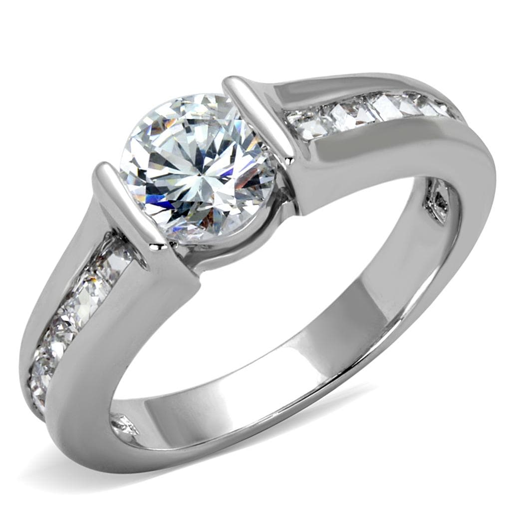 Brass Silver CZ Round Solitaire Channel Set Band Ring