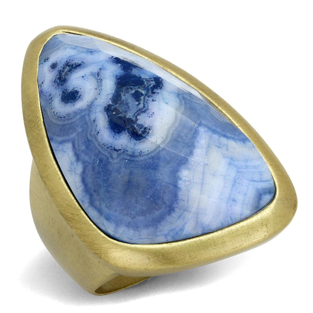 Brass Gold Blue Sodalite Freeform Triangle Cabochon Cocktail Ring