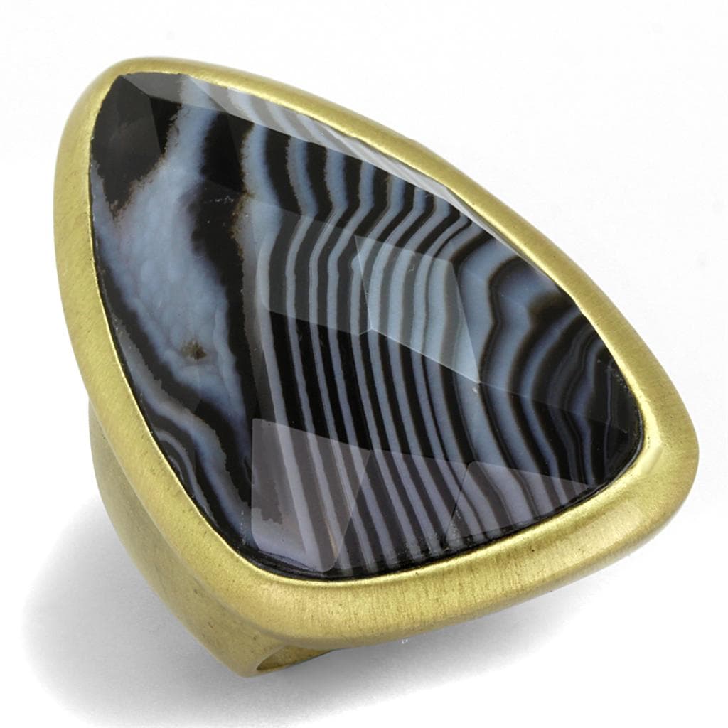 Brass Gold Black White Striped Agate Triangle Cabochon Ring