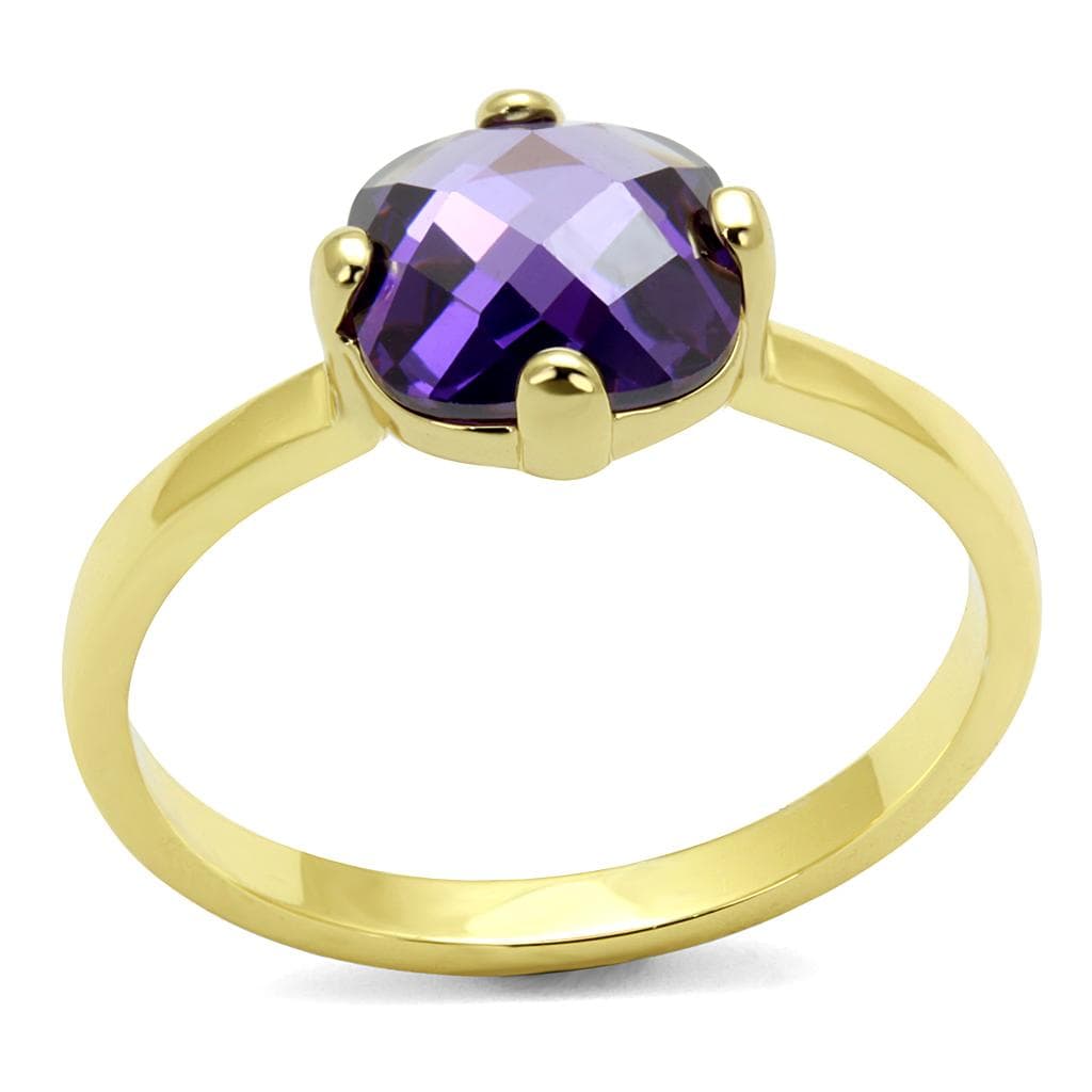 Brass Gold Purple Amethyst Round Faceted Solitaire Ring