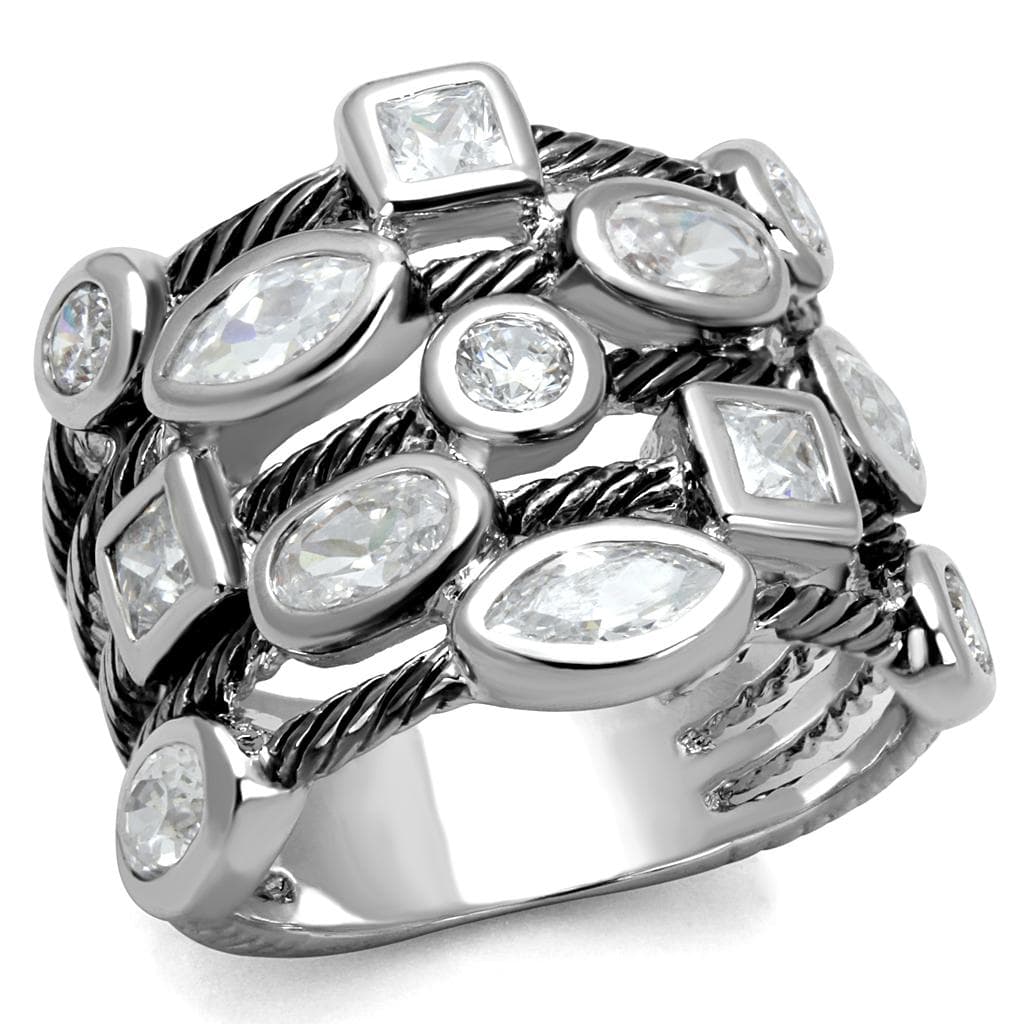 Brass Silver CZ Multi Shape Bezel Cable Wide Band Ring