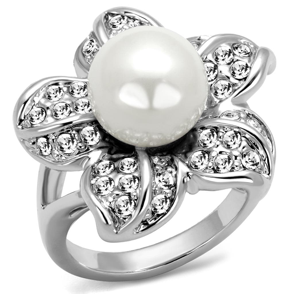 Brass Silver Pearl CZ Flower Petal Cocktail Ring