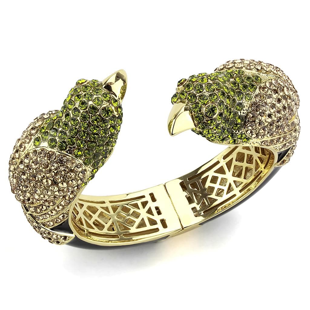 Brass Gold Green Crystal Frog Hinged Bangle Bracelet
