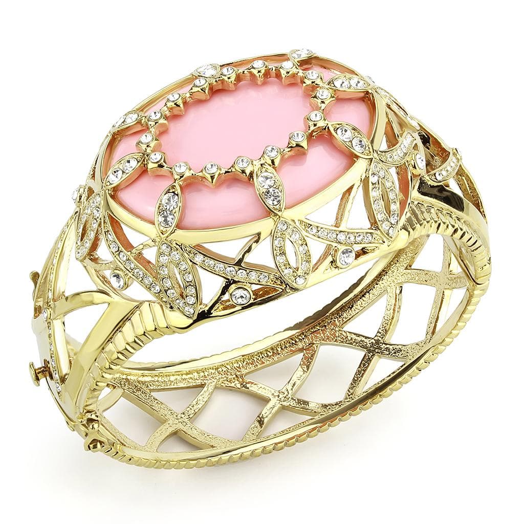 Brass Gold Pink Enamel CZ Lattice Filigree Hinged Bangle Bracelet