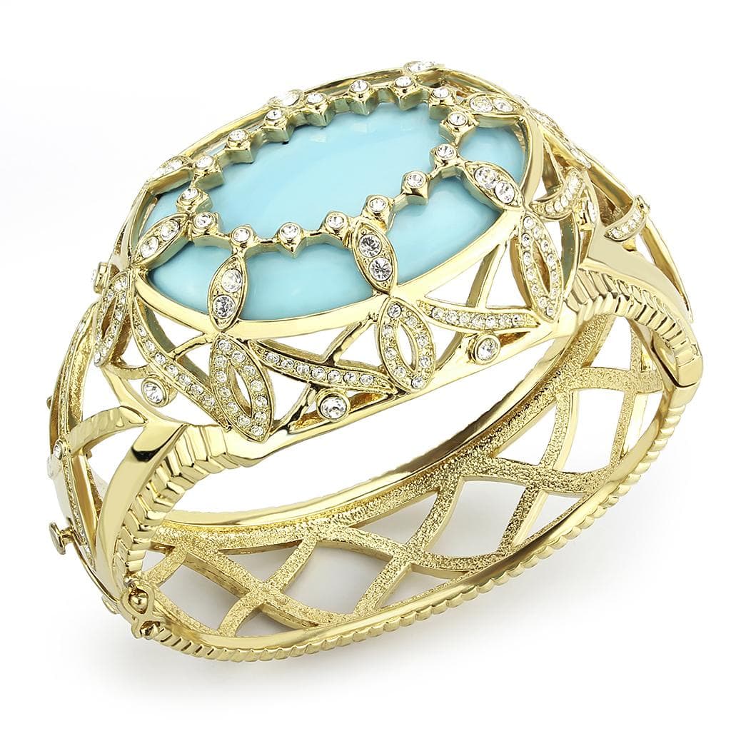 Brass Gold Teal Enamel CZ Lattice Filigree Hinged Bangle Bracelet