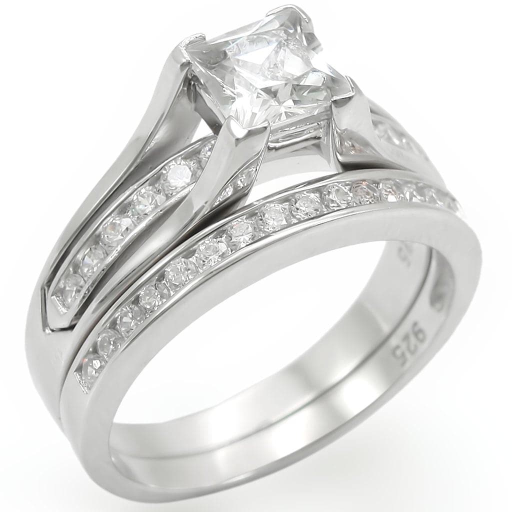 Sterling Silver CZ Princess Channel Bridal Ring Set Ring