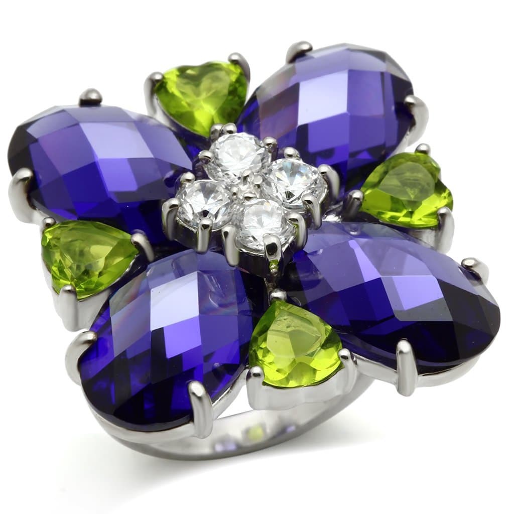 Sterling Silver Purple Blue CZ Green Peridot Flower Cluster Ring