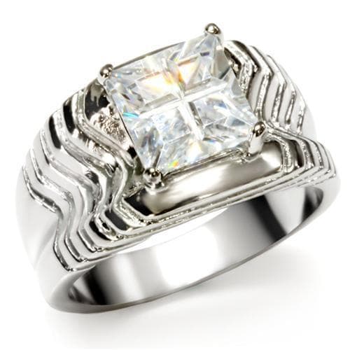 Stainless Steel CZ Princess Cut Ornate Wide Ring
