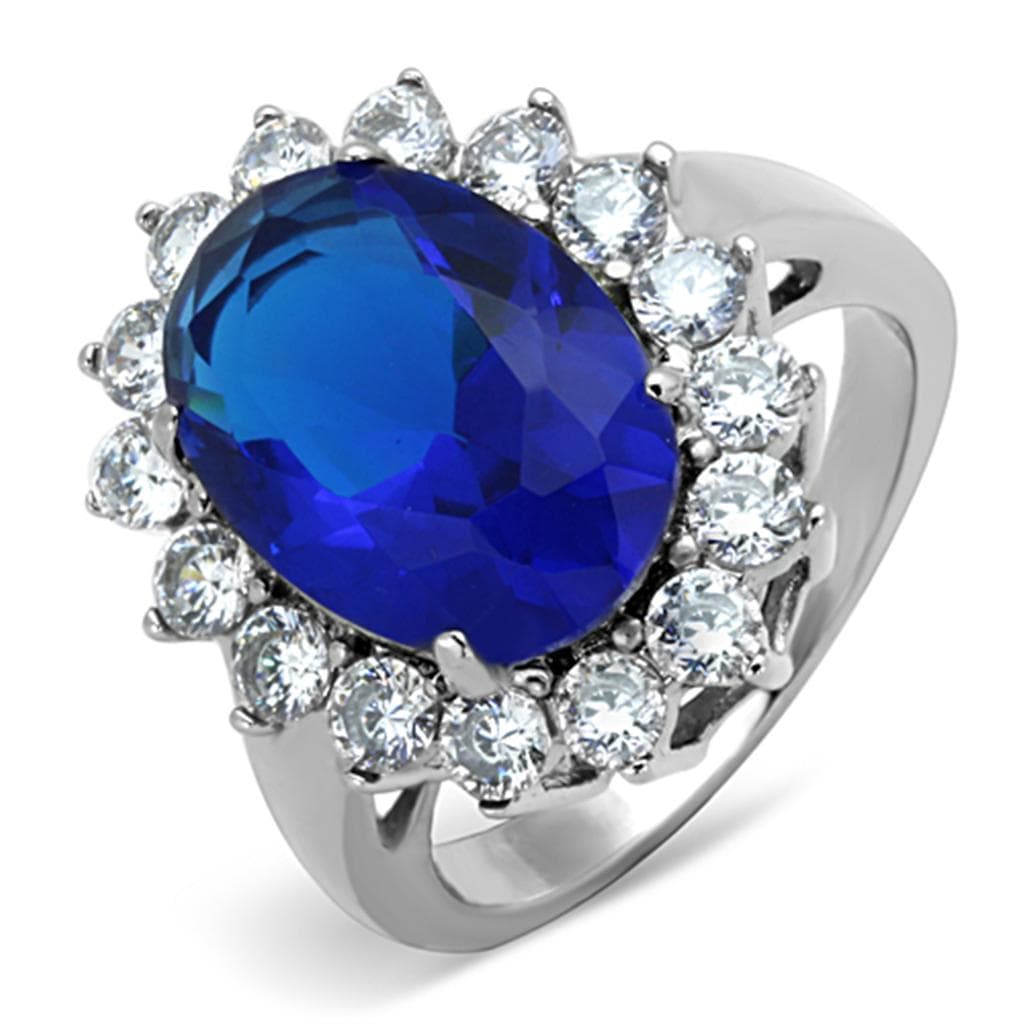 Stainless Steel Blue Sapphire Oval CZ Halo Ring