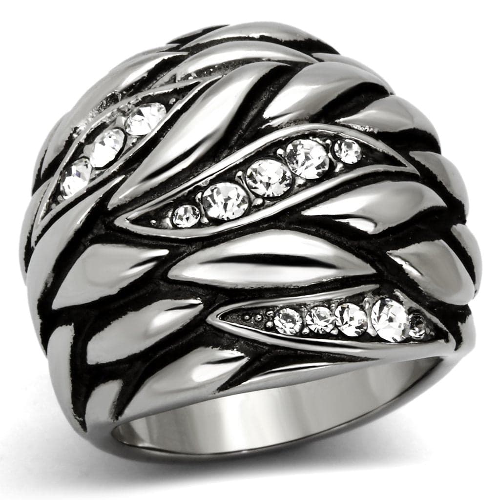 Stainless Steel Antiqued Leaf CZ Channel Dome Ring