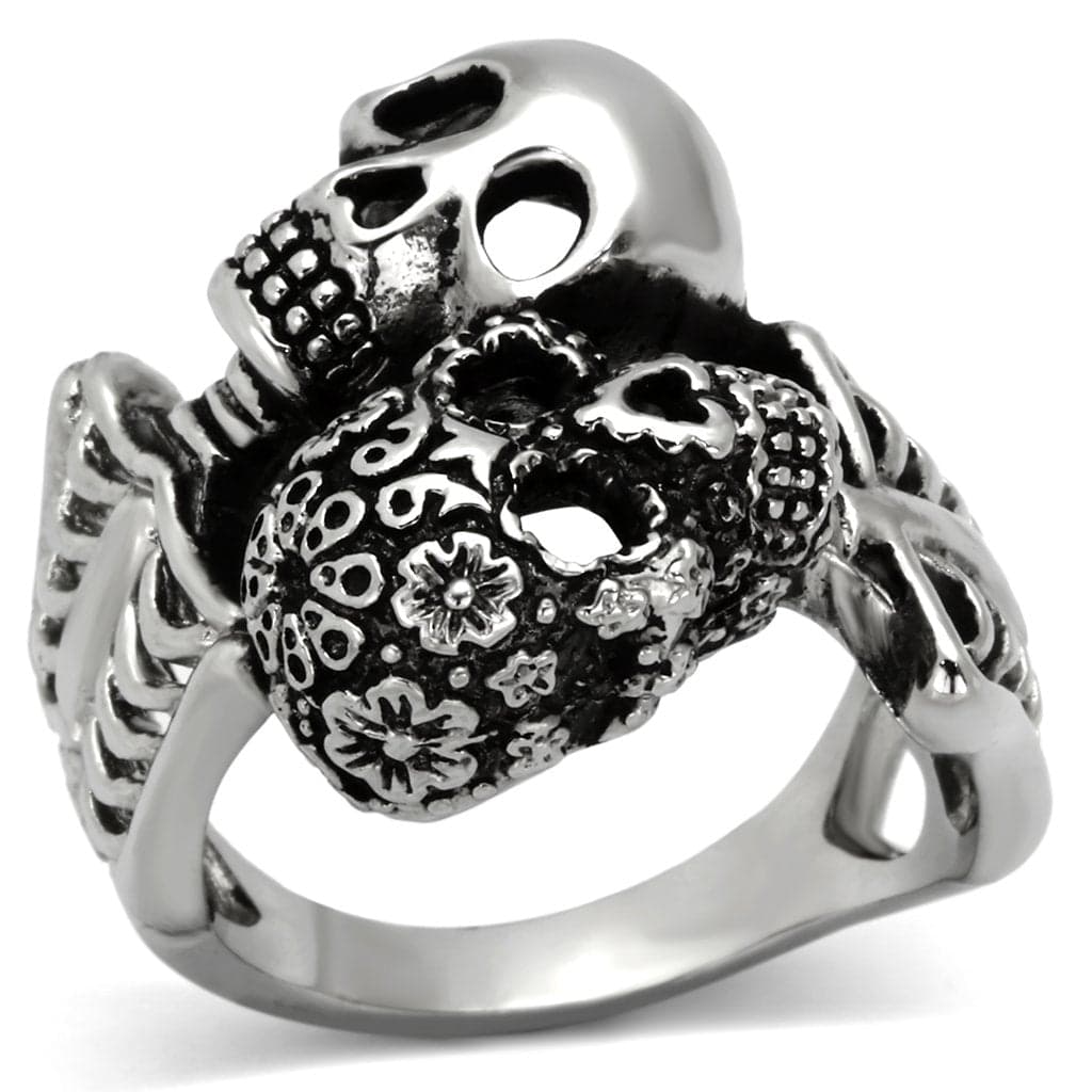 Stainless Steel Antiqued Floral Skull Statement Ring