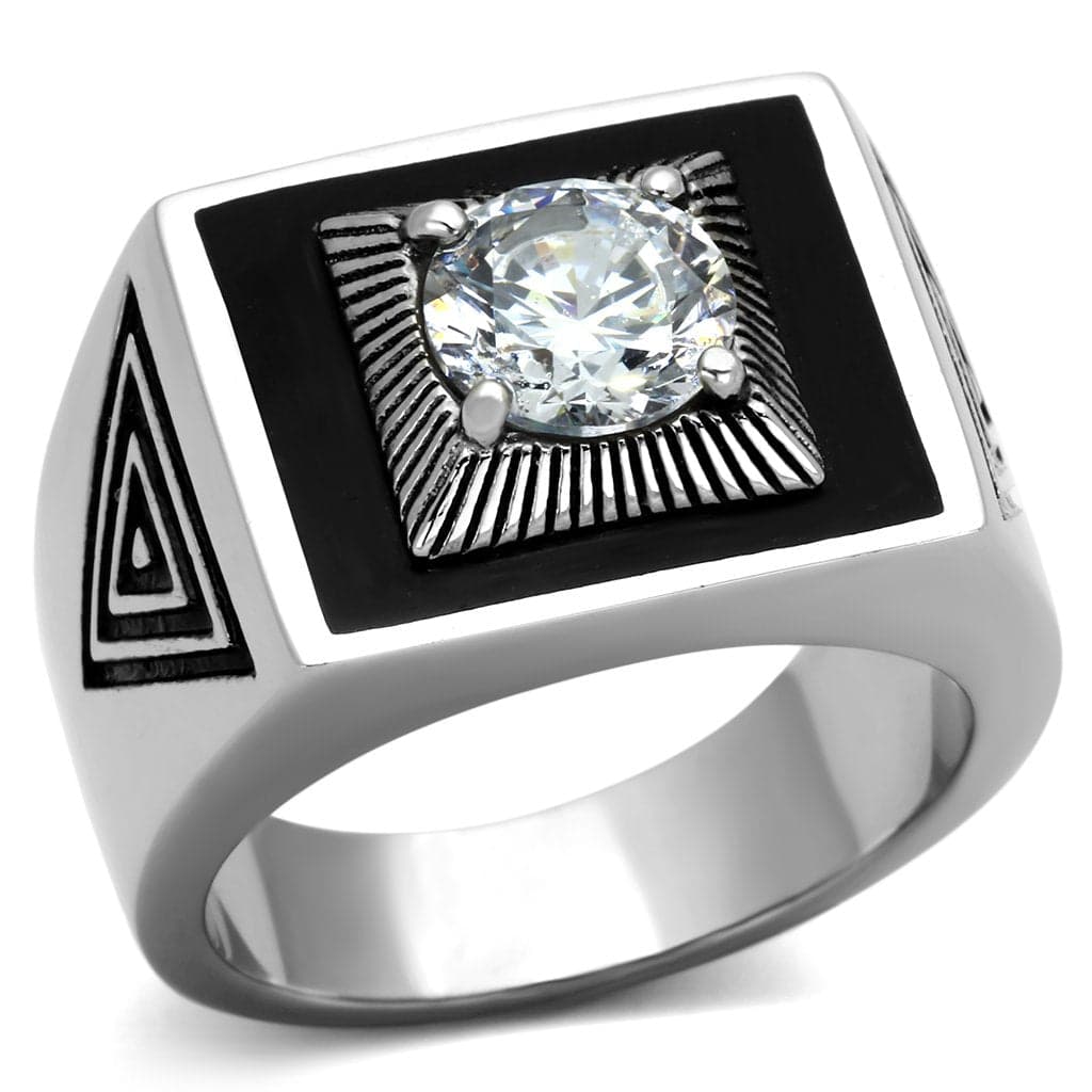 Stainless Steel Black Onyx CZ Sunburst Mens Signet Ring