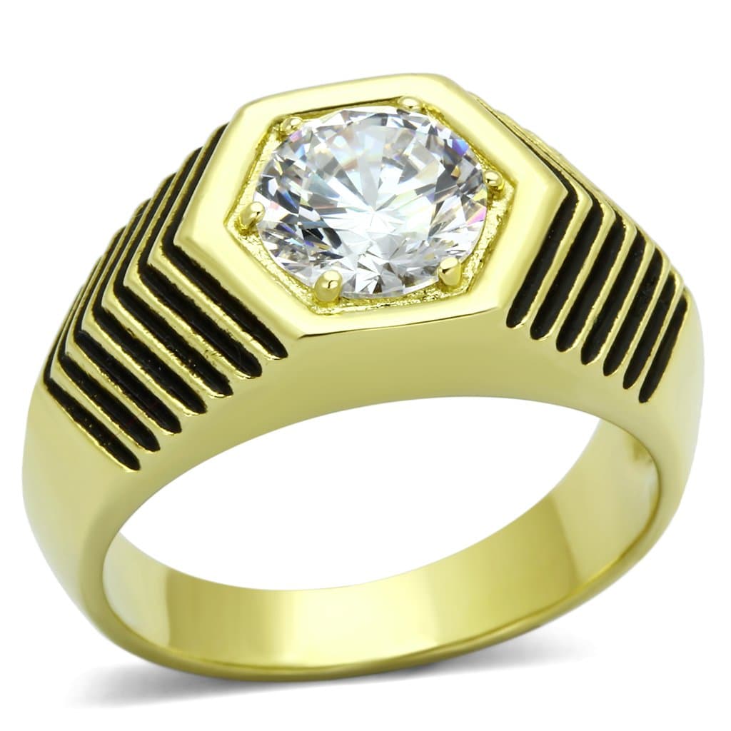 Stainless Steel Gold CZ Round Hexagonal Stripe Mens Signet Ring