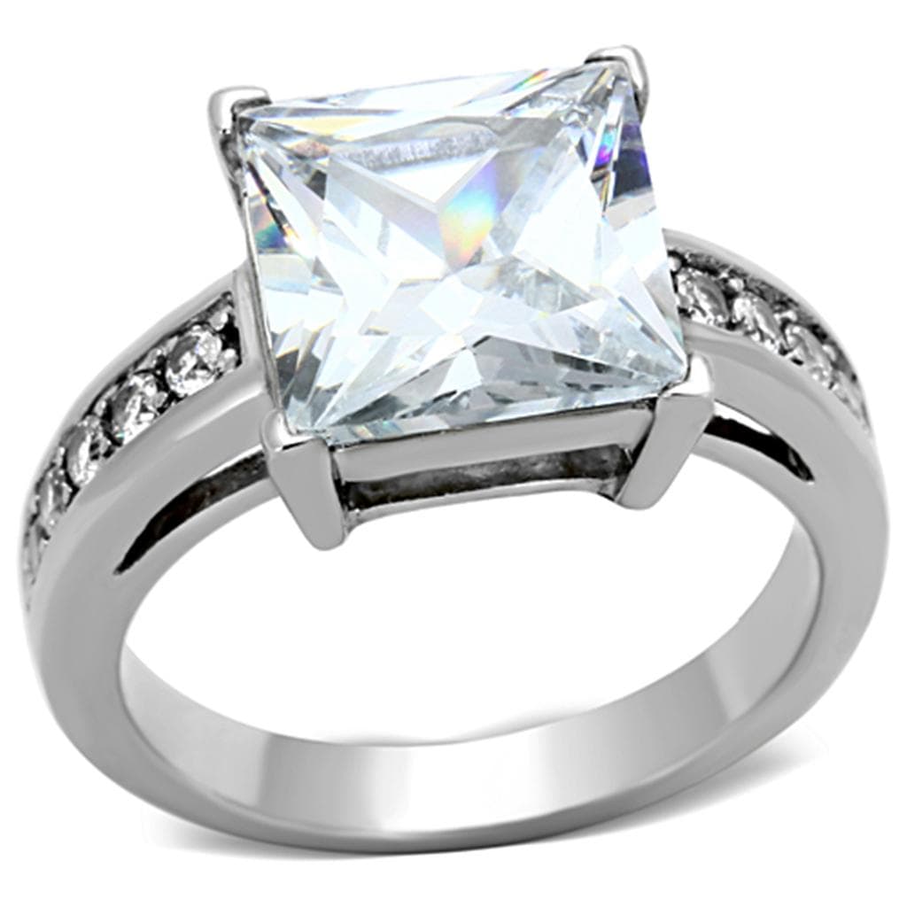 Stainless Steel CZ Princess Solitaire Pave Band Ring