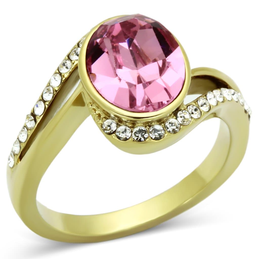 Stainless Steel Gold Pink Oval Crystal Bezel Halo Ring