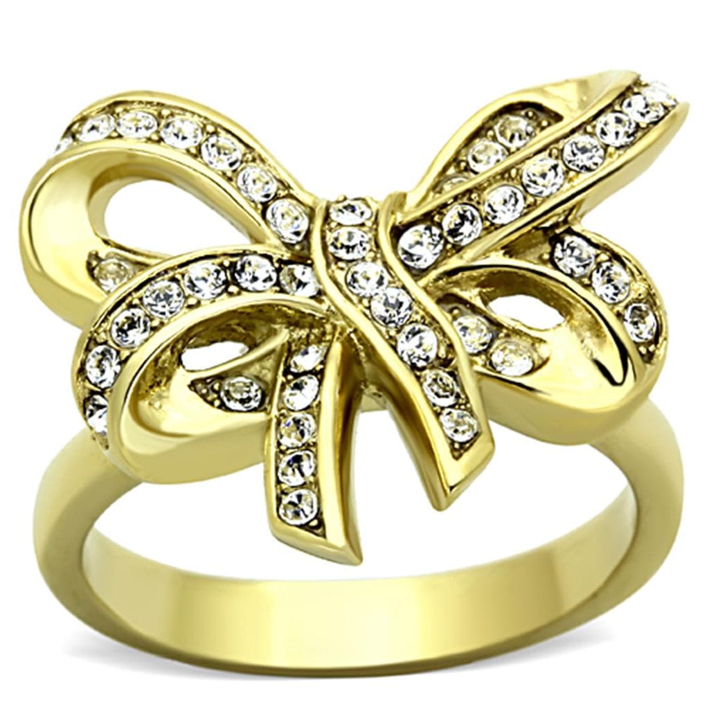 Stainless Steel Gold CZ Pave Bow Ribbon Ring TK1108