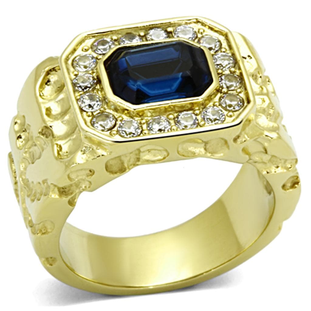 Stainless Steel Gold Blue Sapphire Emerald Cut CZ Halo Ring