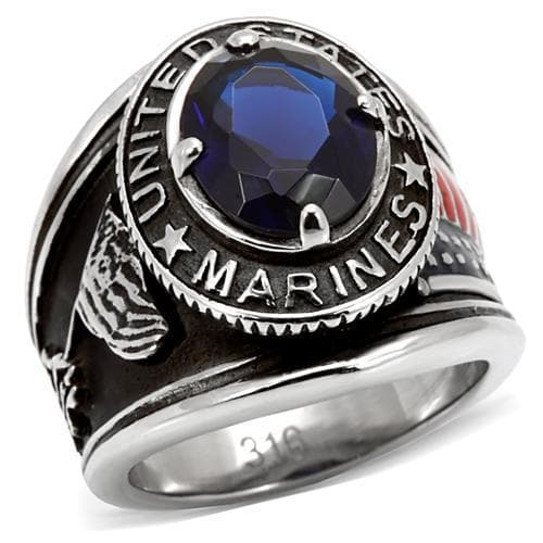 Stainless Steel United States Marines Blue Sapphire Mens Ring