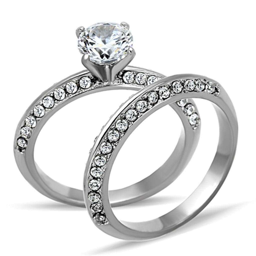 Stainless Steel CZ Round Solitaire Pave Double Band Bridal Ring