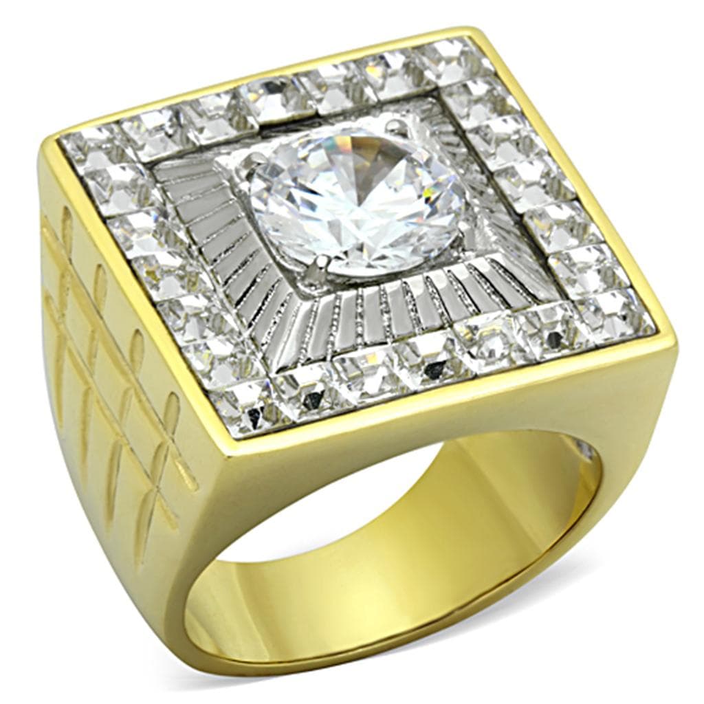 Stainless Steel Gold CZ Princess Sunburst Mens Signet Ring