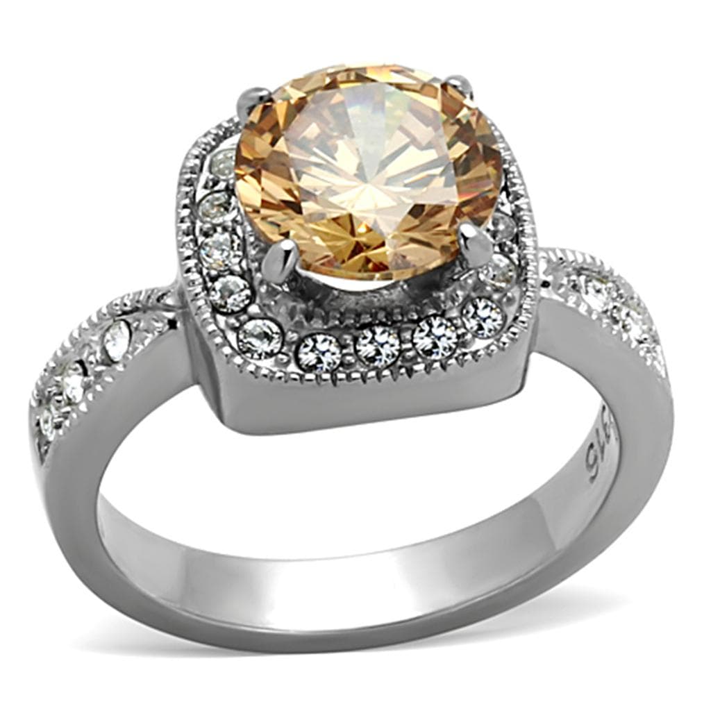 Stainless Steel Champagne CZ Round Halo Split Shank Ring
