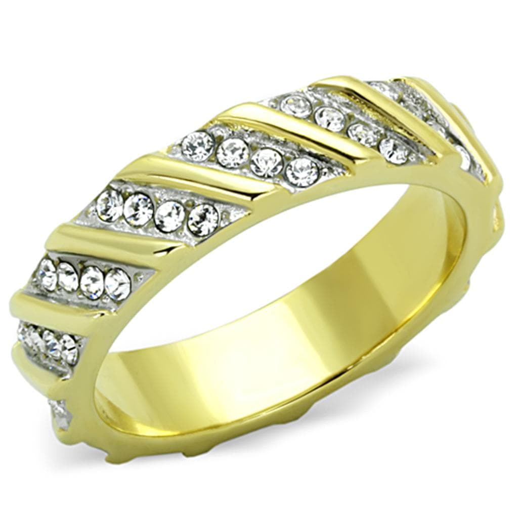 Stainless Steel Gold CZ Channel Pave Diagonal Wide Band Ring