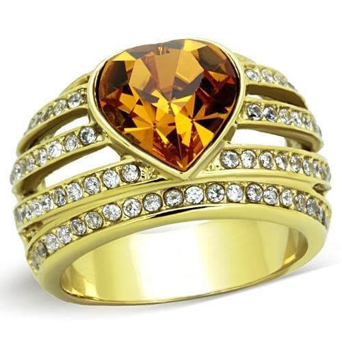 Stainless Steel Gold Topaz Heart Crystal CZ Multi Row Ring