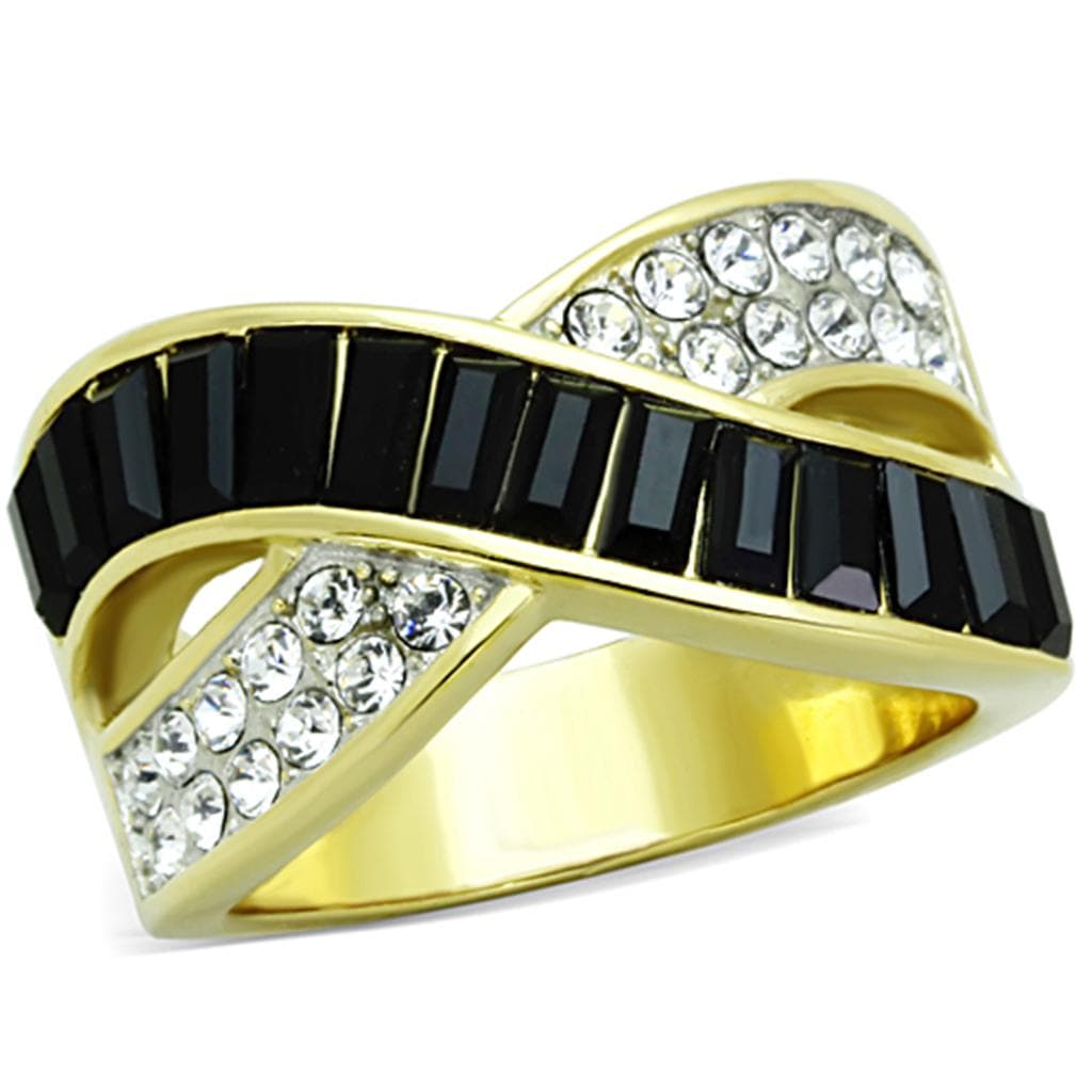 Stainless Steel Gold Black Baguette CZ Crossover X Ring