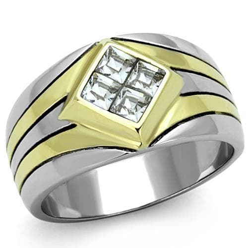 Stainless Steel Two Tone CZ Princess Cluster Stripe Mens Ring