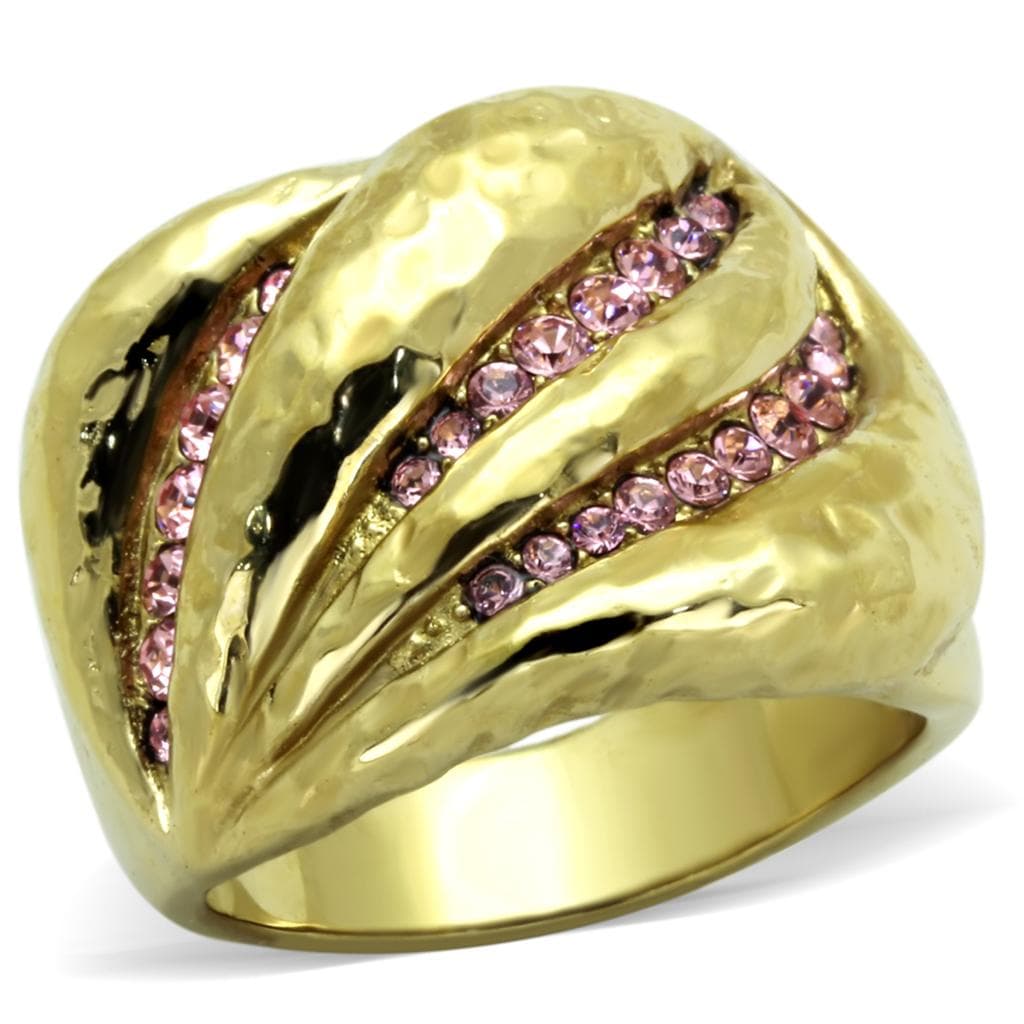 Stainless Steel Gold Hammered Pink Crystal Swirl Dome Ring