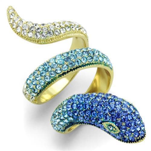 Stainless Steel Gold Blue Crystal Pave Snake Bypass Ring