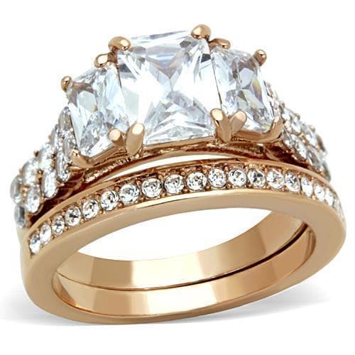 Stainless Steel Rose Gold CZ Emerald Cut Pave Bridal Set Ring