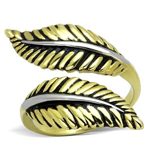 Stainless Steel Gold Antiqued Feather Leaf Bypass Wrap Ring
