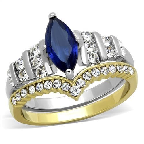 Stainless Steel Blue Sapphire Marquise CZ Chevron Bridal Set Ring