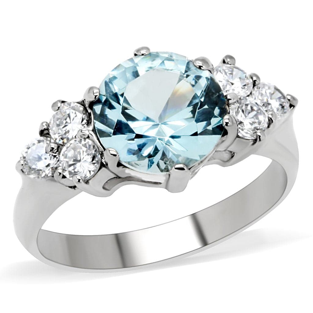 Stainless Steel Aqua Blue Round CZ Three Stone Ring
