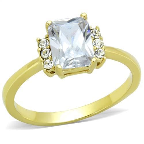 Stainless Steel Gold IP Emerald Cut CZ Round Side Accent Ring