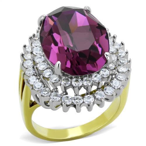 Stainless Steel Amethyst Purple Oval CZ Double Halo Ring