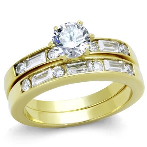 Stainless Steel Gold IP Round CZ Baguette Channel Bridal Set Ring