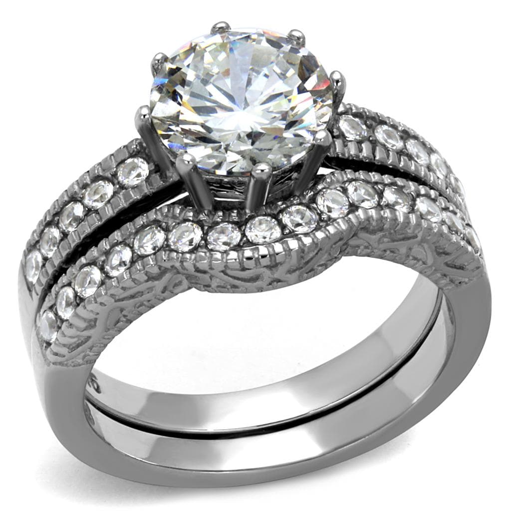 Stainless Steel CZ Round Pave Milgrain Bridal Set Ring