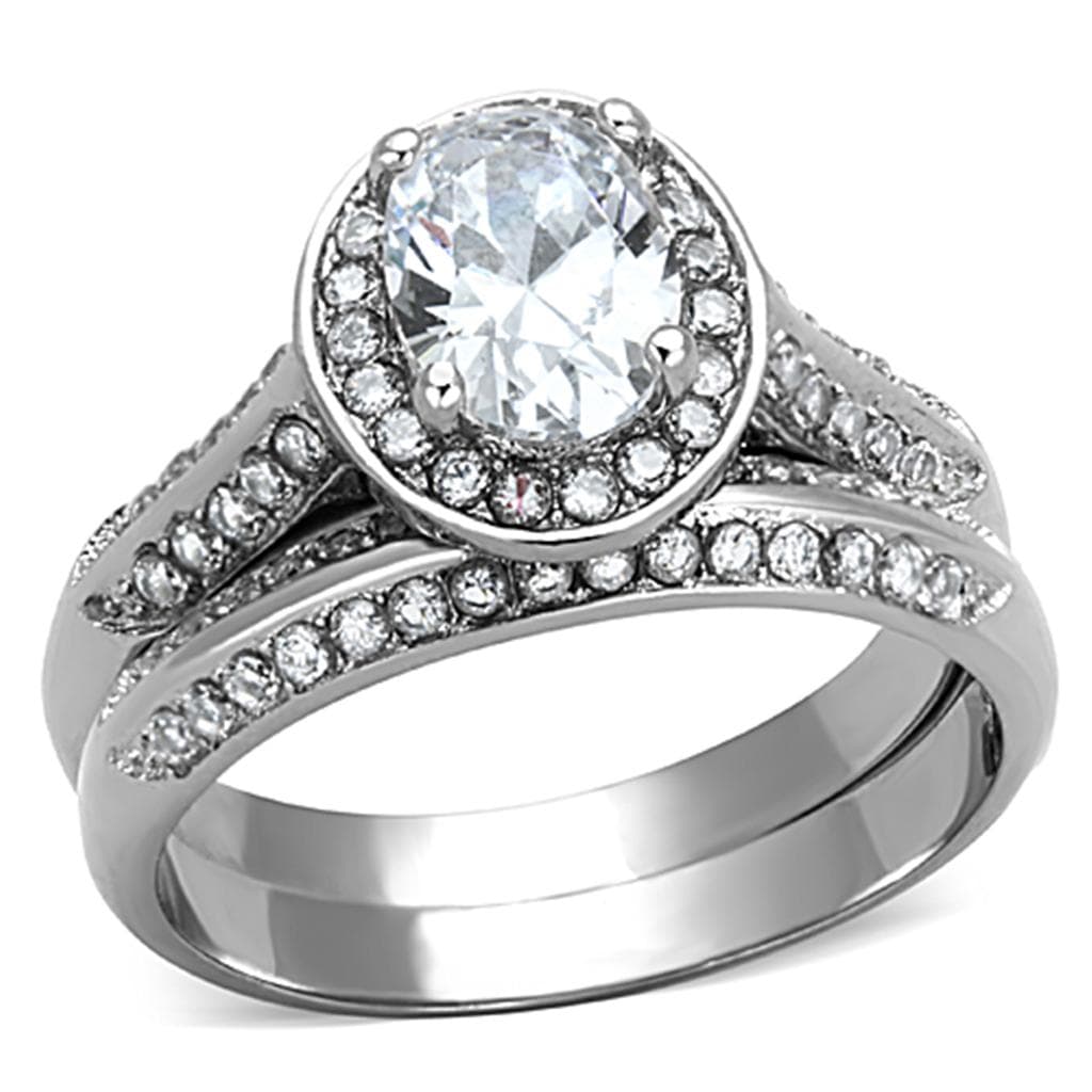 Stainless Steel CZ Oval Halo Pave Bridal Set Ring