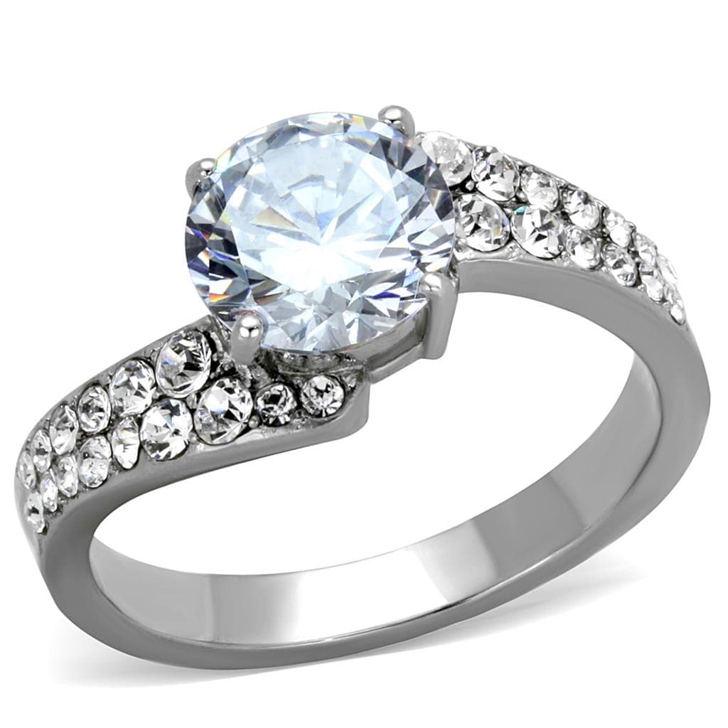 Stainless Steel CZ Large Round Solitaire Pave Split Shank Ring