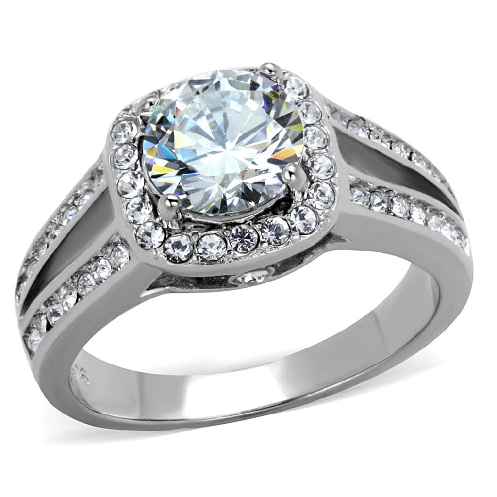 Stainless Steel CZ Round Halo Split Shank Pave Ring