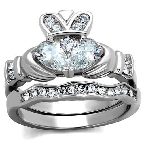 Stainless Steel CZ Claddagh Heart Crown Pave Bridal Set Ring